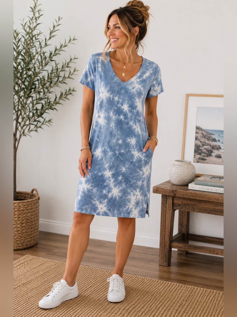 Anthropologie Jane + Delancey Blue Tie Dye Cotton Midi T-Shirt Dress Medium